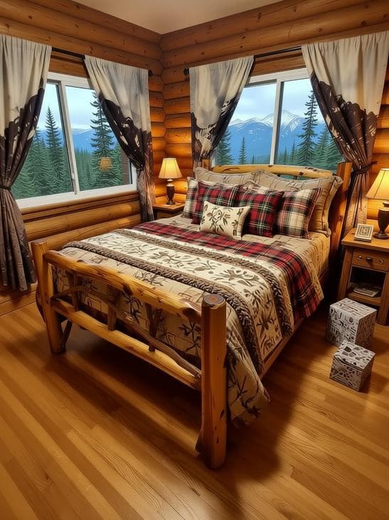 Warm lodge bedroom with rustic handcrafted furniture