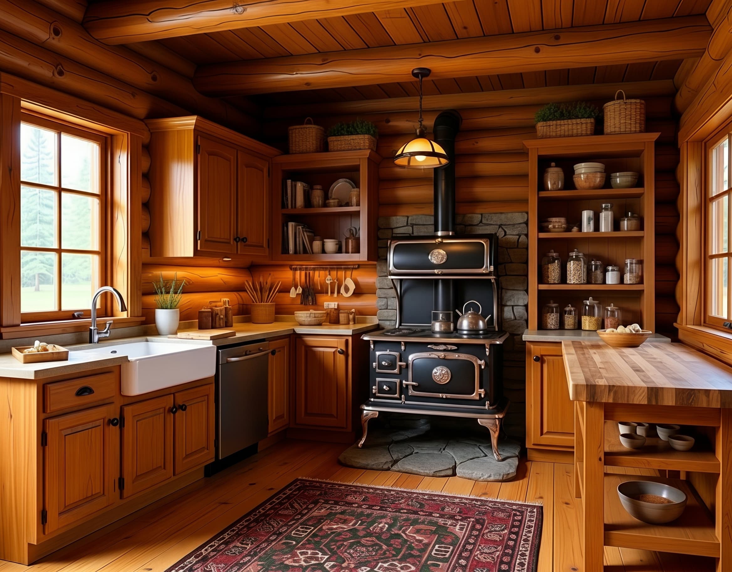 Rustic lodge kitchen with natural wood cabinetry