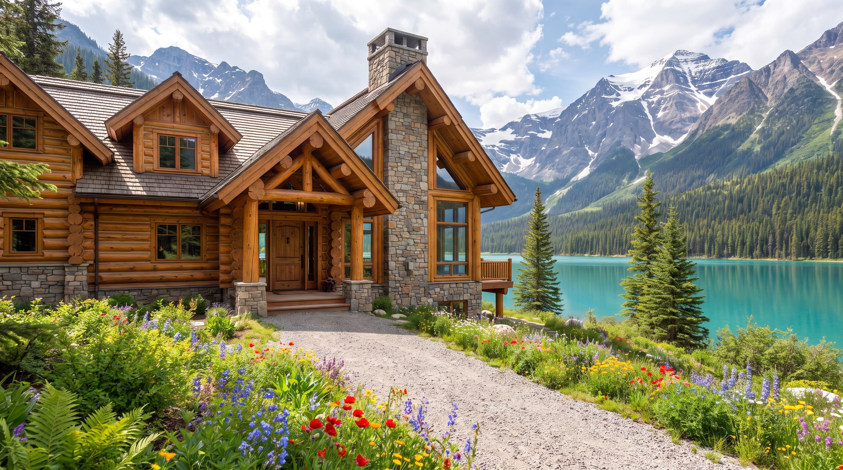 Wild Moose Lodge overlooking a mountain lake, with a path leading to the front door